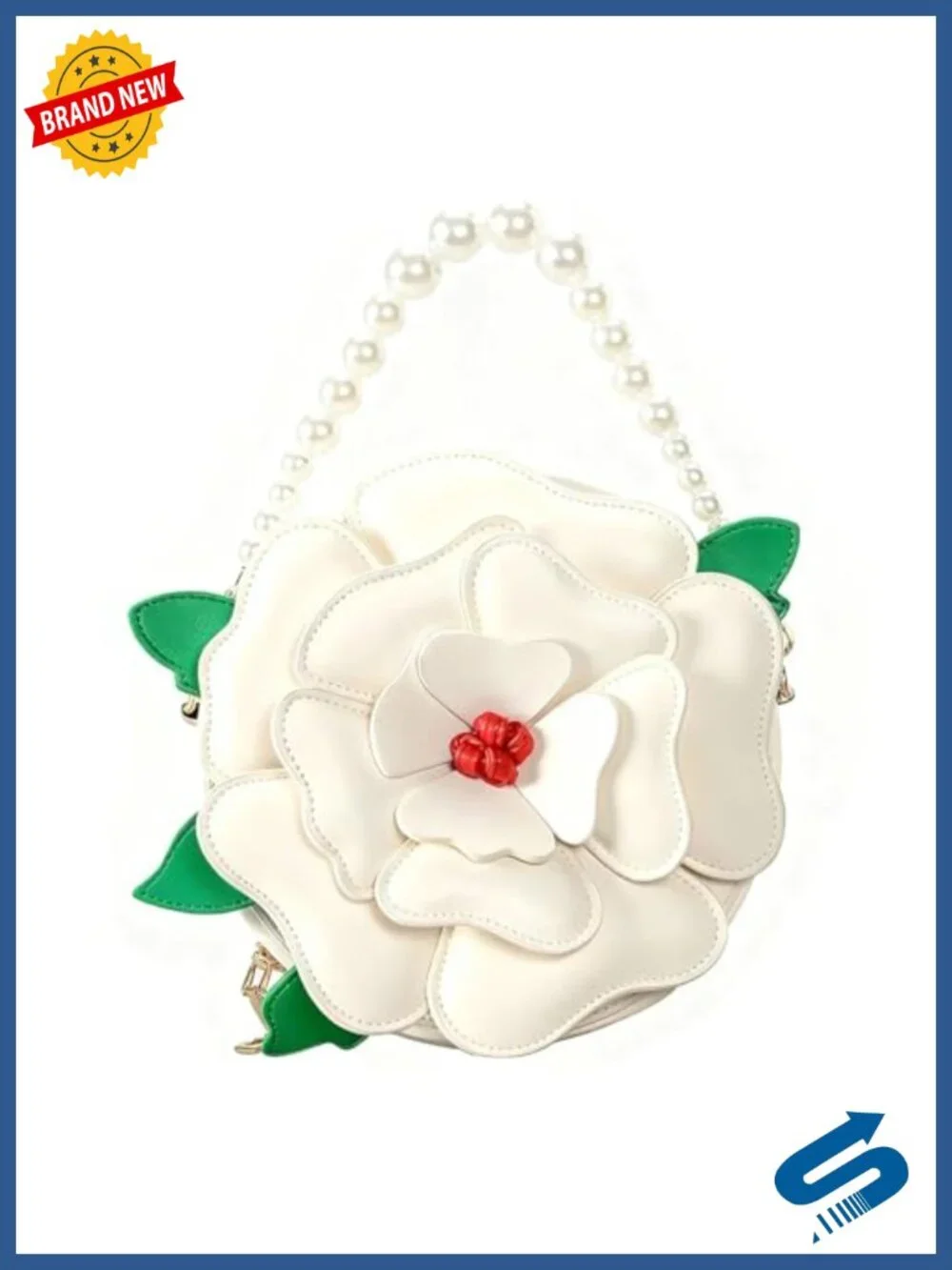 PU Leather Floral Crossbody Purse with Pearl Chain, Whimsical Novelty Handbag